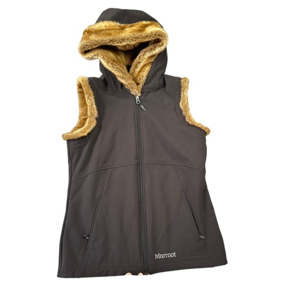 Marmot Womens Brown Softshell Faux Fur Trim Hooded Vest Size Medium Full Zip